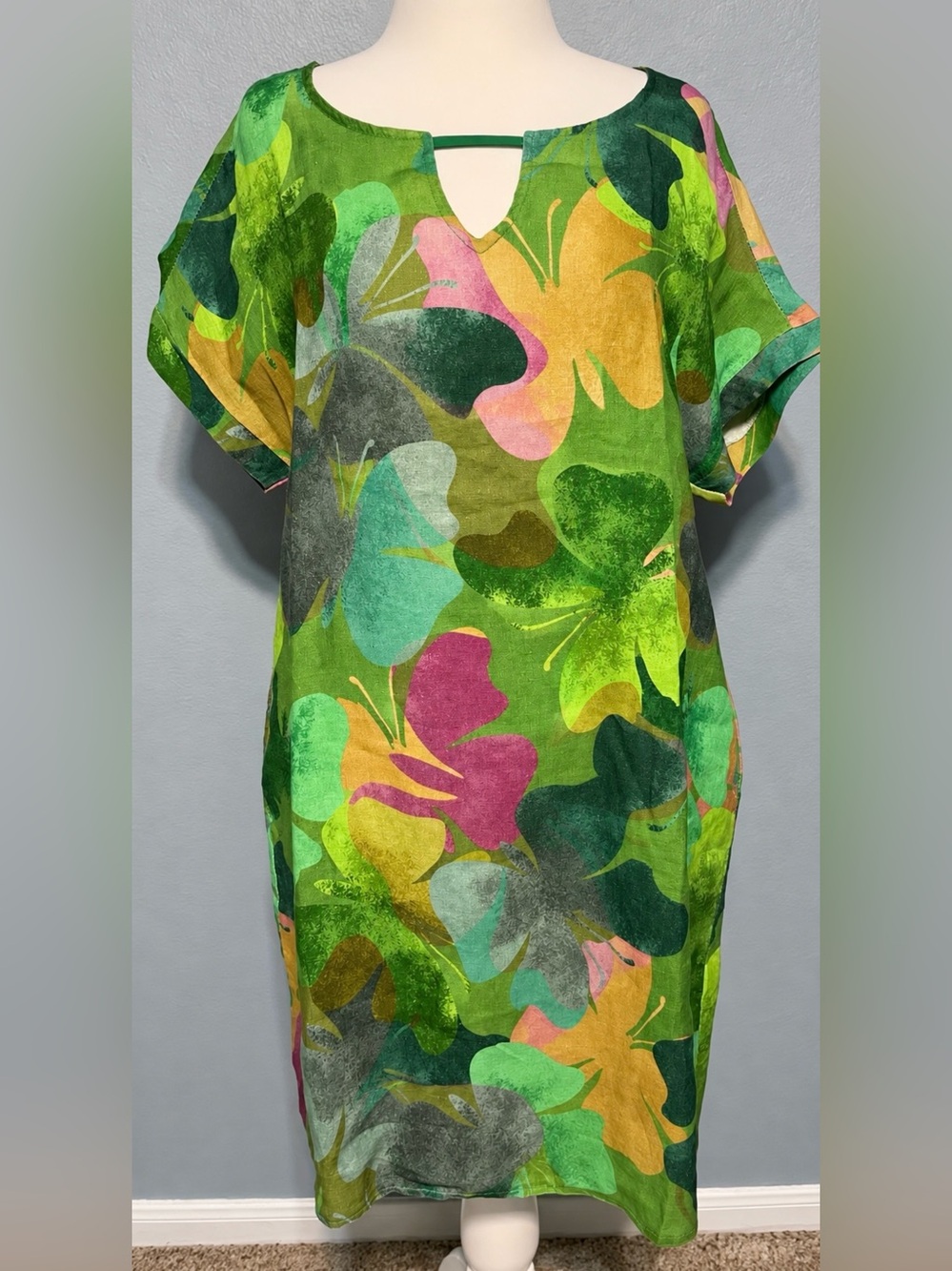 Made in Italy Linen Midi Shift Dress M/L Pockets Butterflies Artsy Mod Tropical